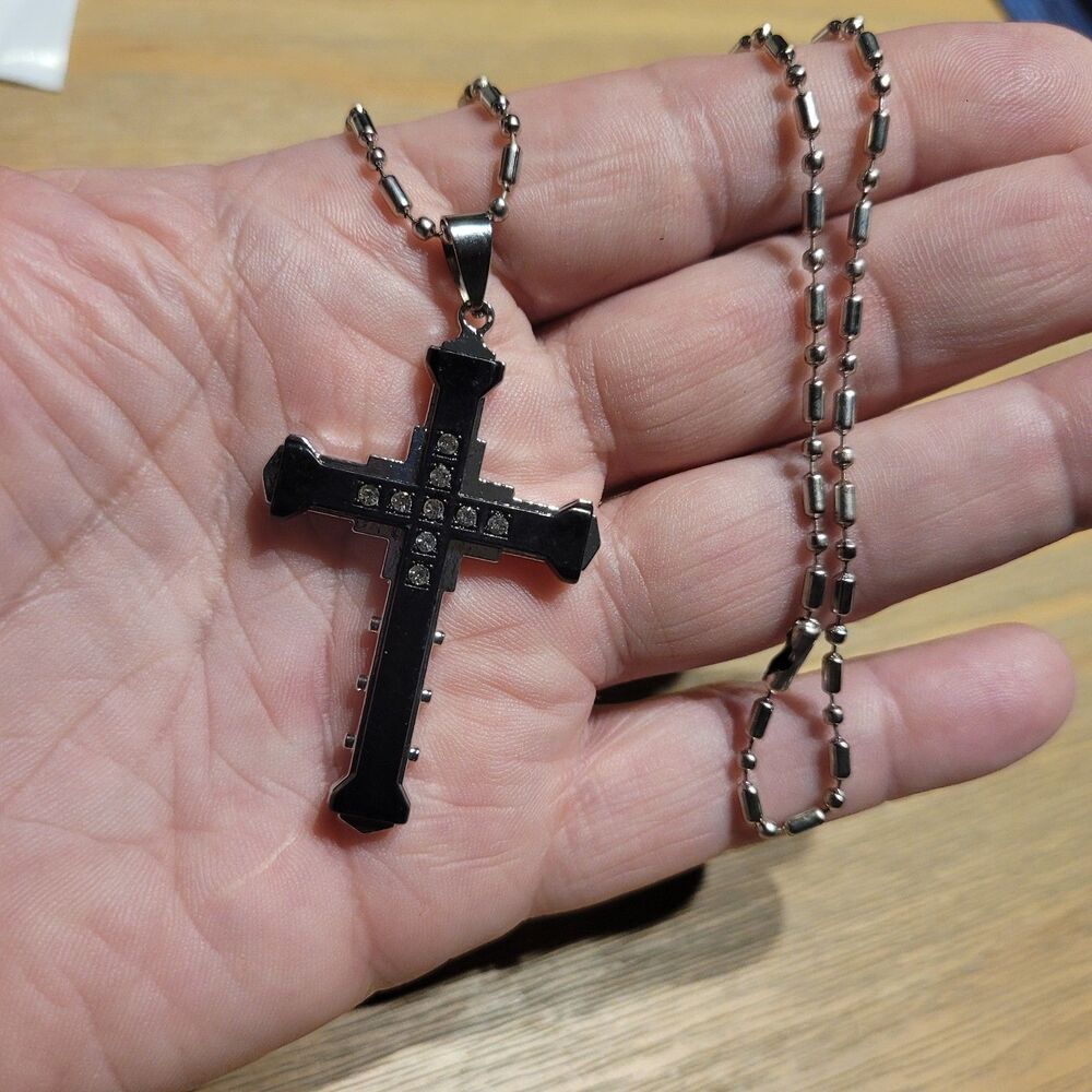 Brand New Black & Silver Unisex Faux Diamond Cross Pendant W Necklace OBO
